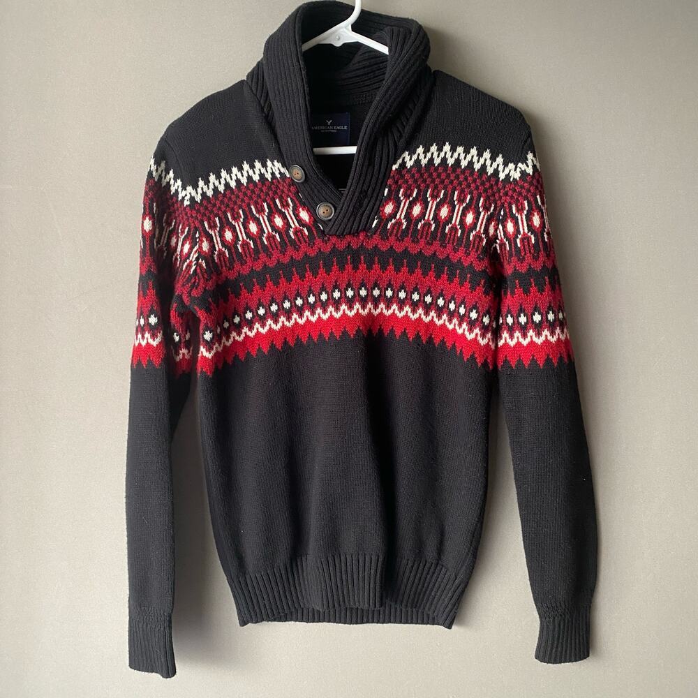 American Outfitters‎ sz XS black red cotton/wool blend holiday sweater